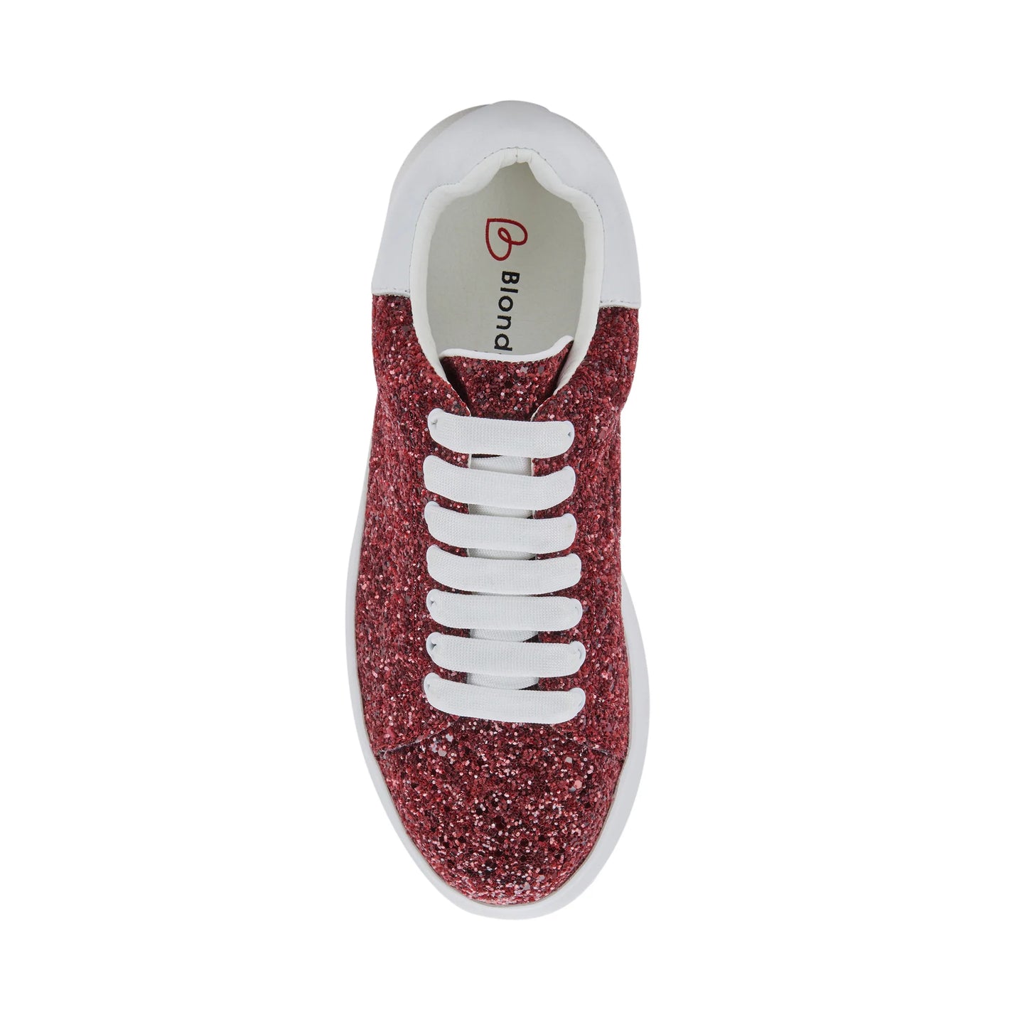 top down view of blondo diva shoe with white laces and sole and burgundy sequin body