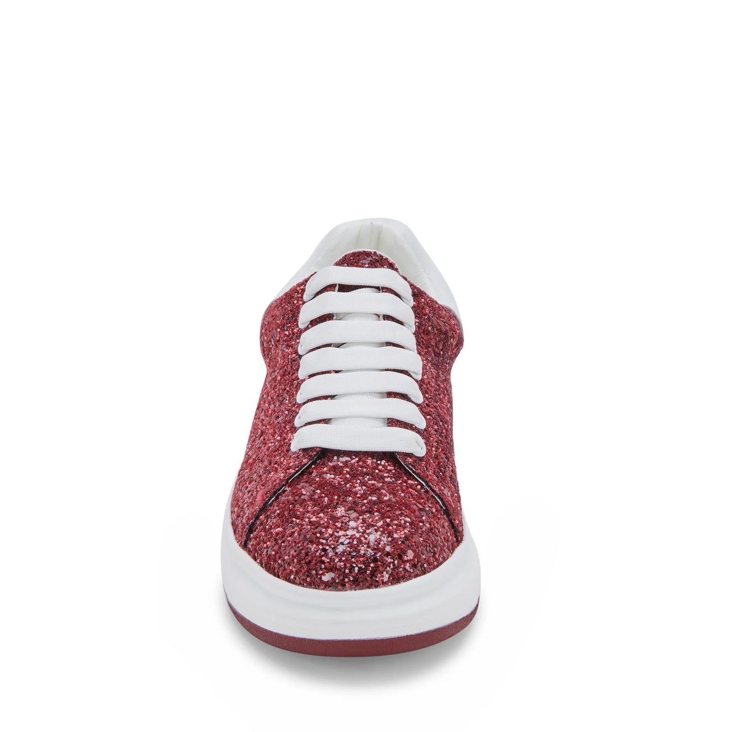 front view of blondo diva shoe with white laces and sole and burgundy sequin body