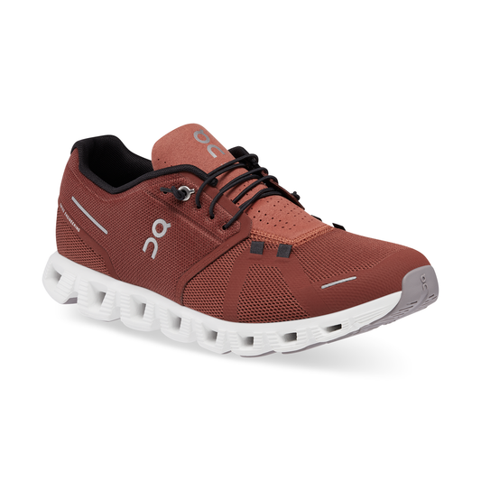 3/4 view of red shoe On Running Men's Cloud 5 - Ruby/Rust