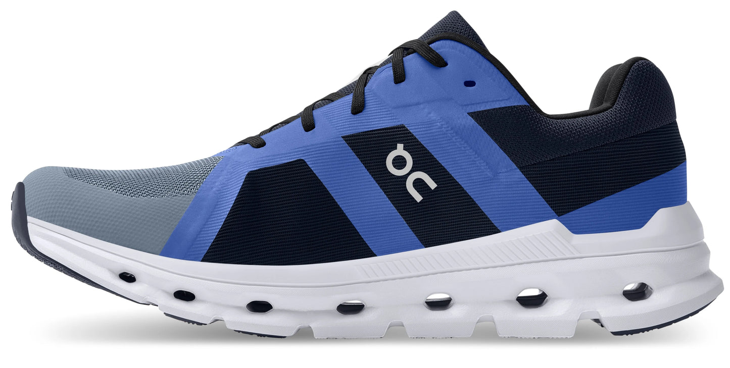 reverse side view of on running cloudrunner shoe in blue and grey with a white sole - midnight/metal