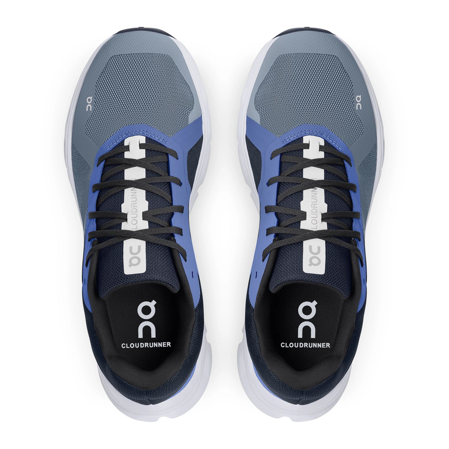 top down view of two on running cloudrunner shoe in blue and grey - midnight/metal