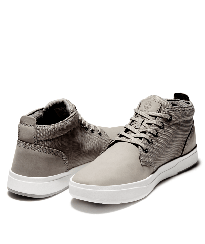two shoes opposite each other at 3/4 view Timberland Men's Davis Square F/L Chukka - Medium Grey