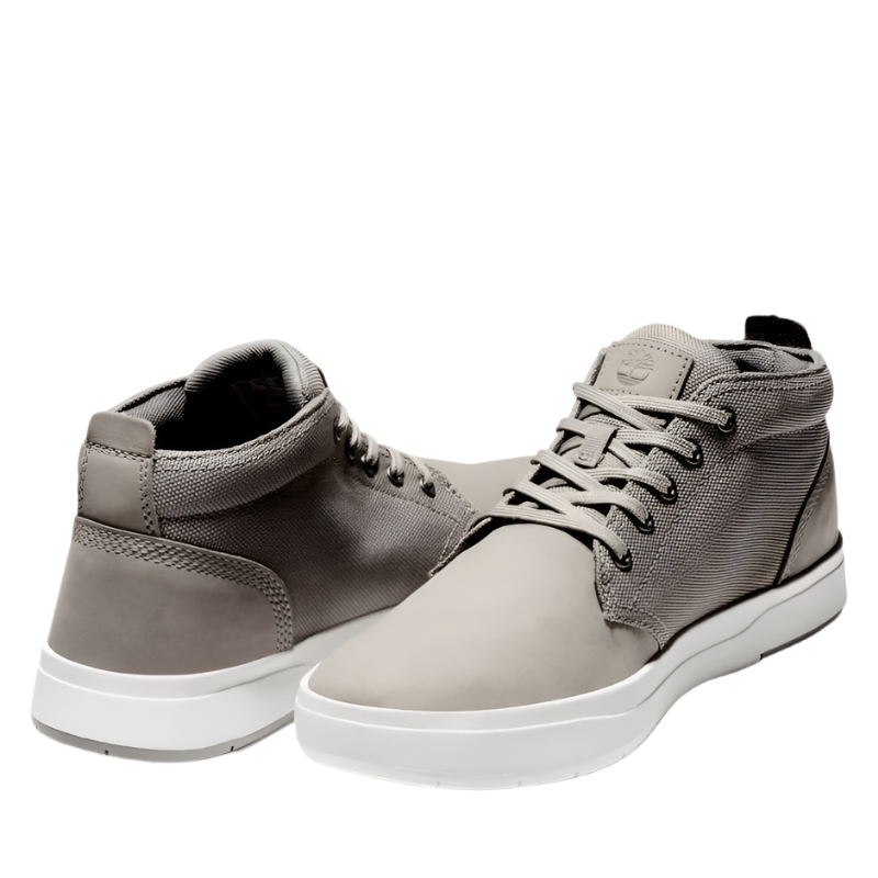 two shoes opposite each other at 3/4 view Timberland Men's Davis Square F/L Chukka - Medium Grey