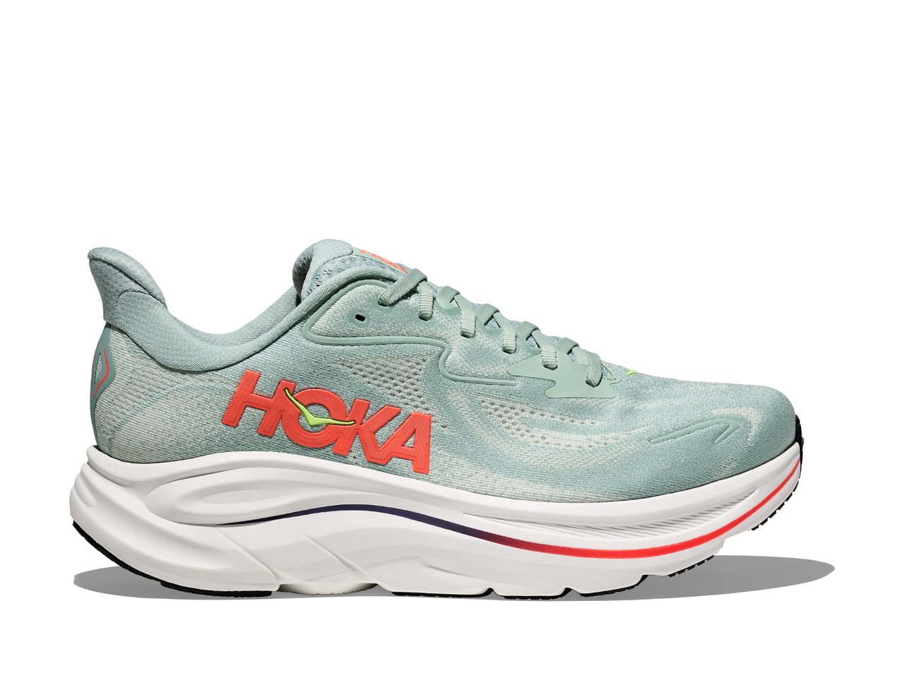 Hoka Men's Clifton 10 Sneakers- Sage / Neon Flame