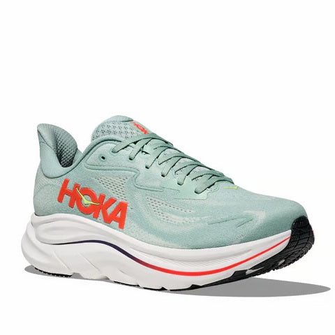 Hoka Men's Clifton 10 Sneakers- Sage / Neon Flame