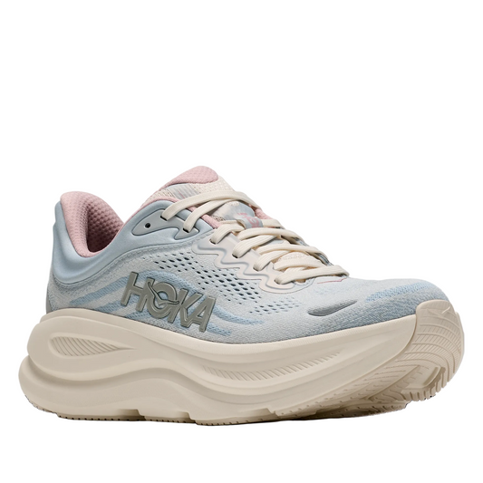 Hoka Women's Bondi 9 GLM Running Shoe- Alabaster/Mineral Blue