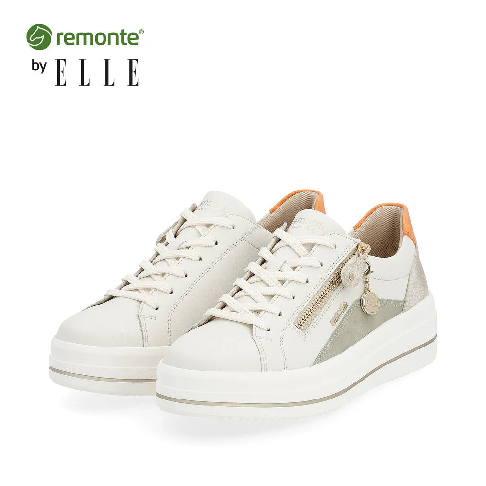 Remonte by Rieker Women's Julika Leather Low-Top Sneaker - Off White/Salbei/Muschel/Orange