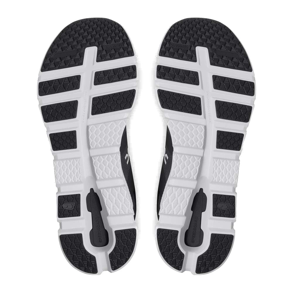 On Running Men's Cloudrunner - Eclipse/Frost Bottom Up View of Black and White Soles