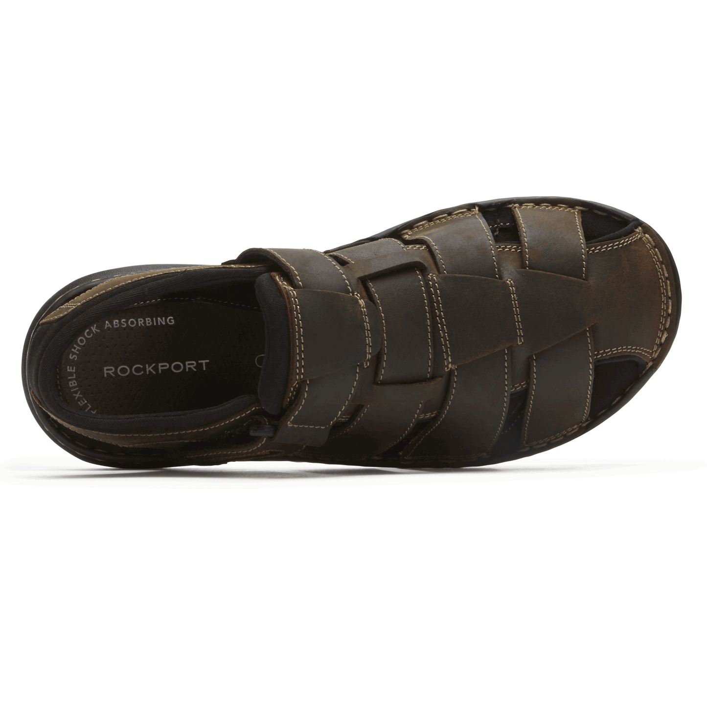 top down view of brown rockport sandal