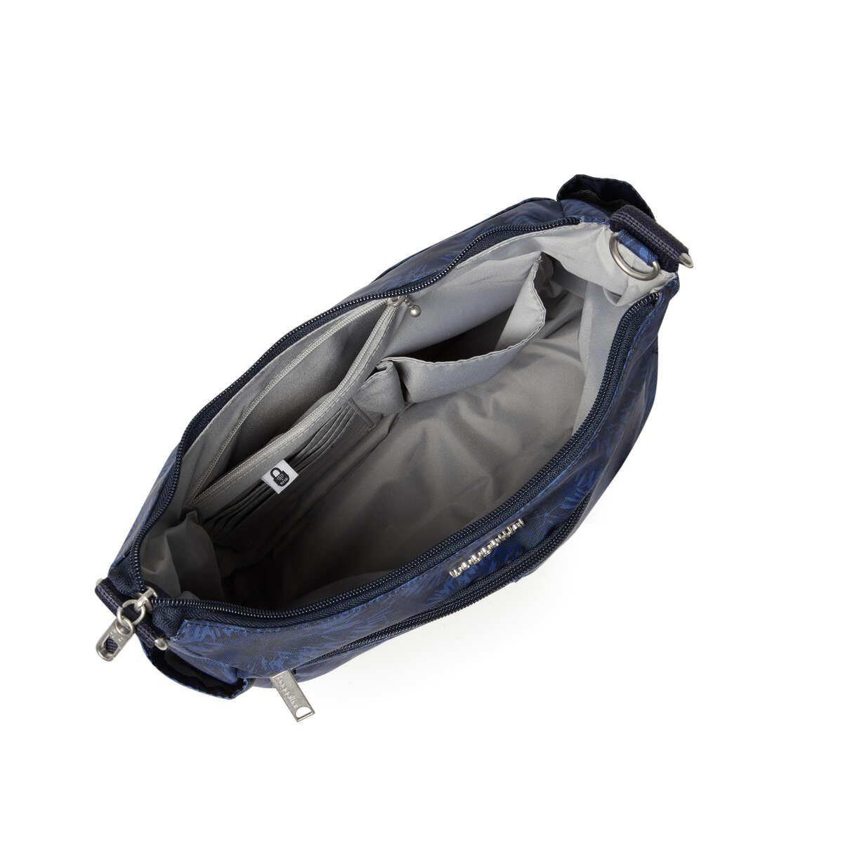 opened bag with interior space and pockets visible Baggallini Anti-Theft Free Time - French Navy Firework