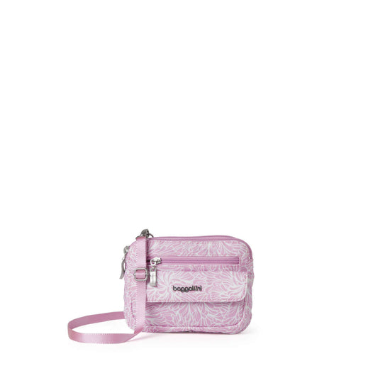 front view of baggallini modern everywhere mini bag in pink blossom color