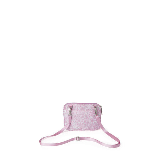 back view of baggallini modern everywhere mini bag in pink blossom color showing pink strap