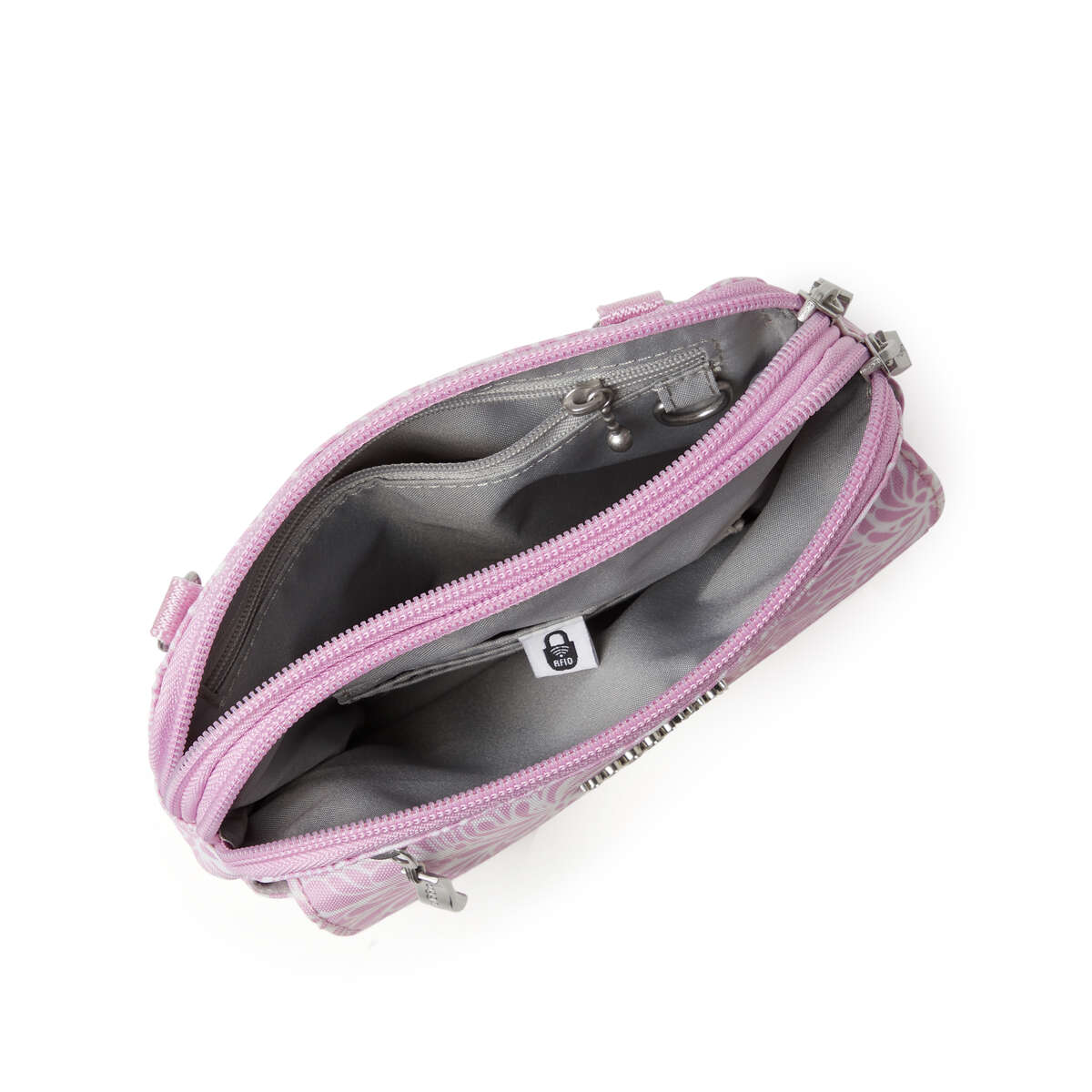 view inside interior of baggallini modern everywhere mini bag in pink blossom color