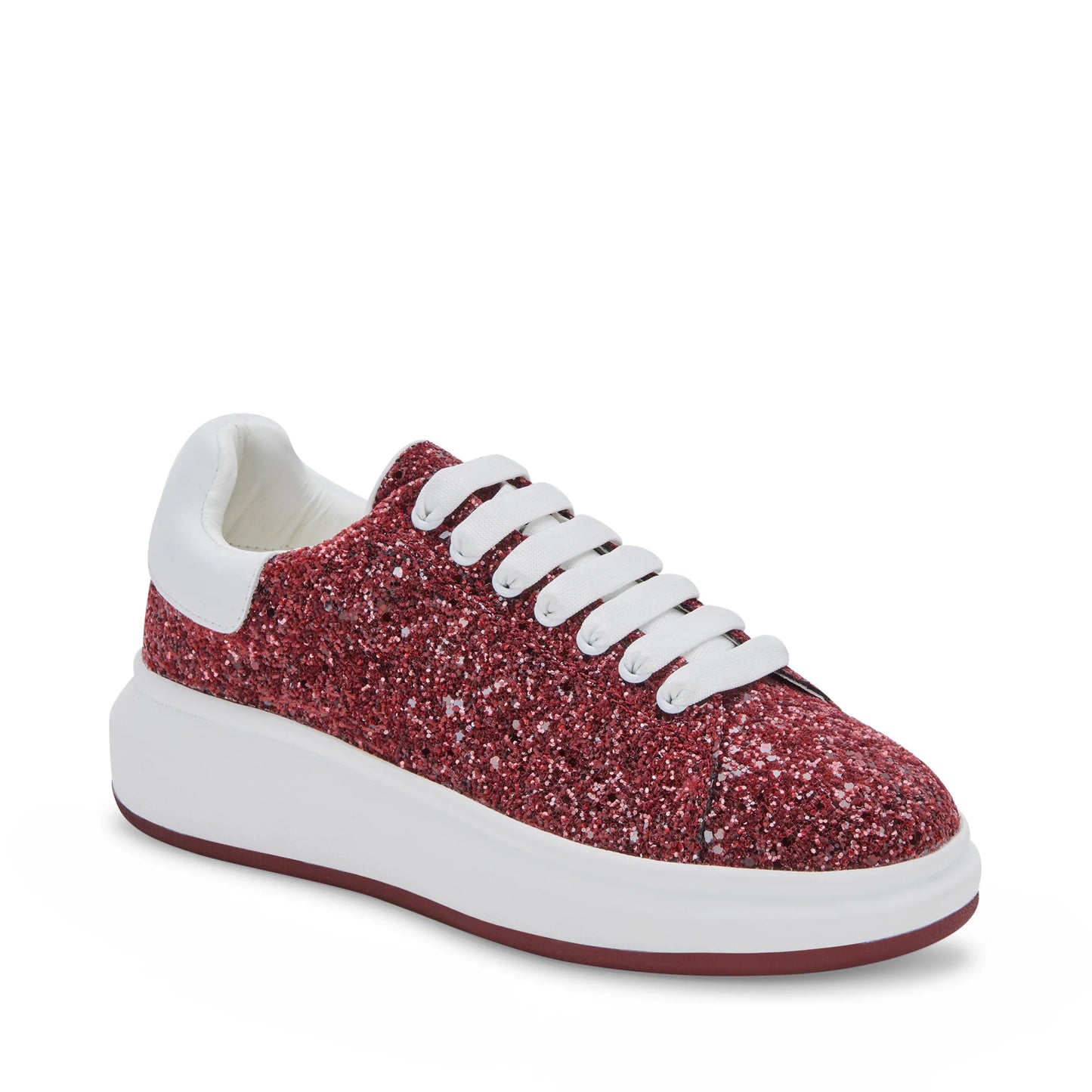 3/4 view of blondo diva shoe with white laces and sole and burgundy sequin body