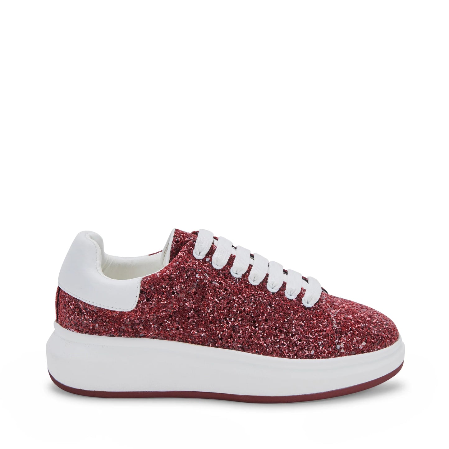 side view of blondo diva shoe with white laces and sole and burgundy sequin body