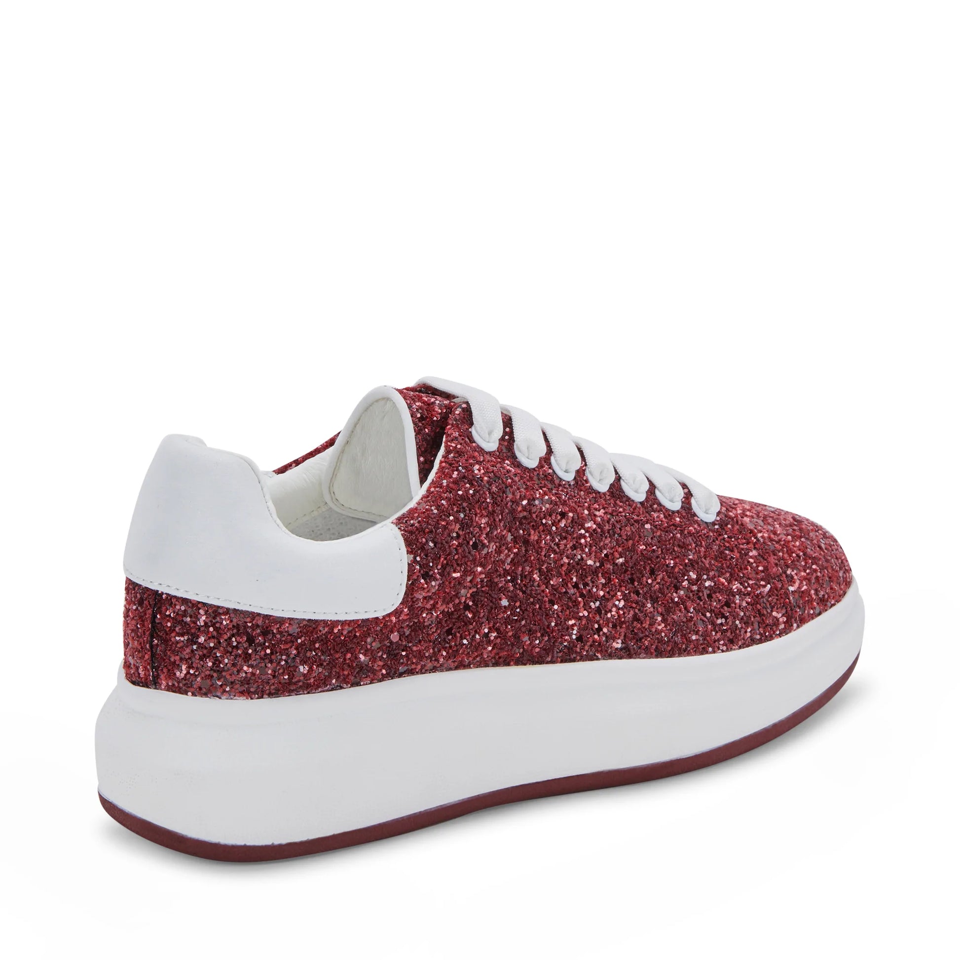 3/4 behind view of blondo diva shoe with white laces and sole and burgundy sequin body