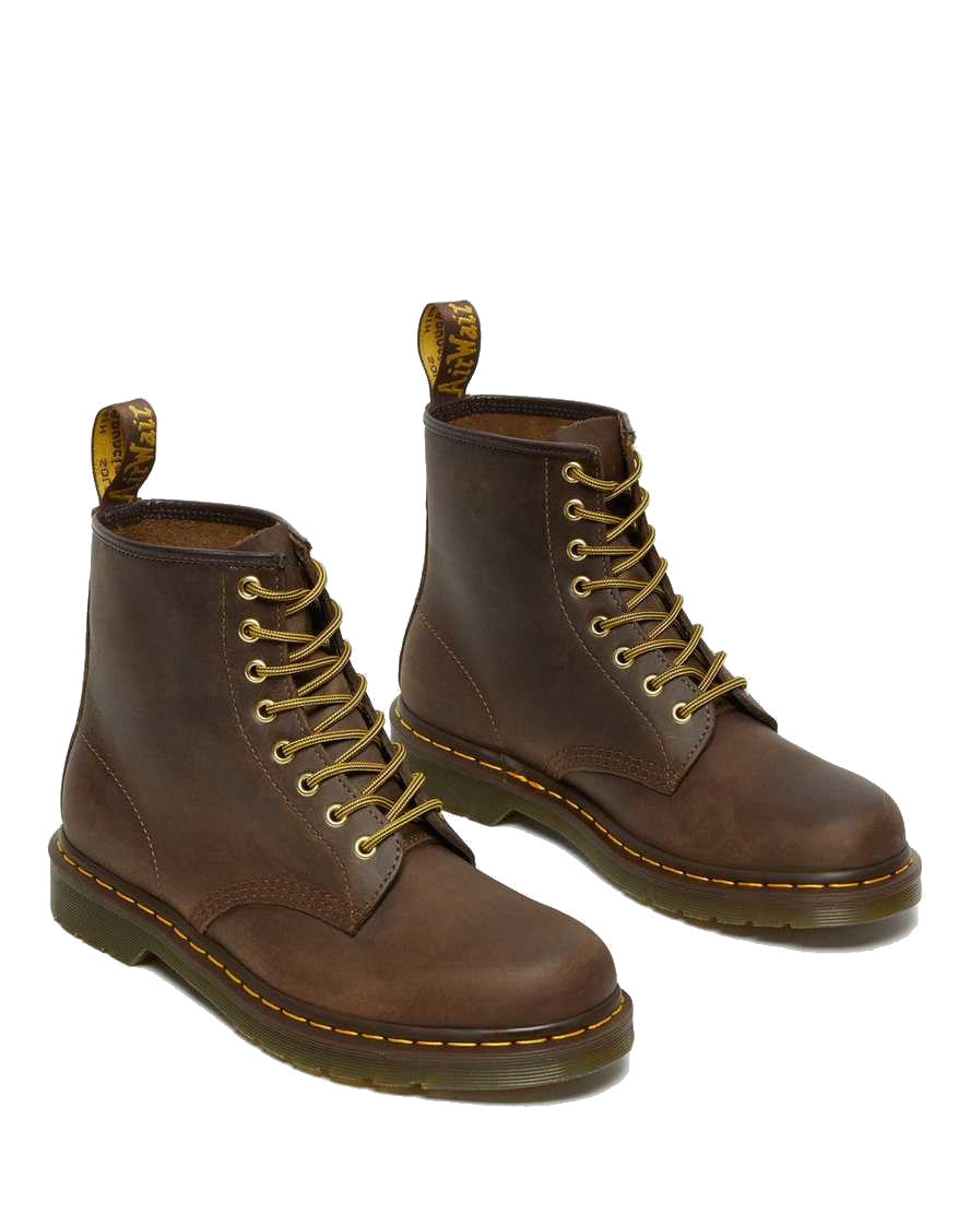 two brown laced boots at 3/4 angle doc martens crazy horse