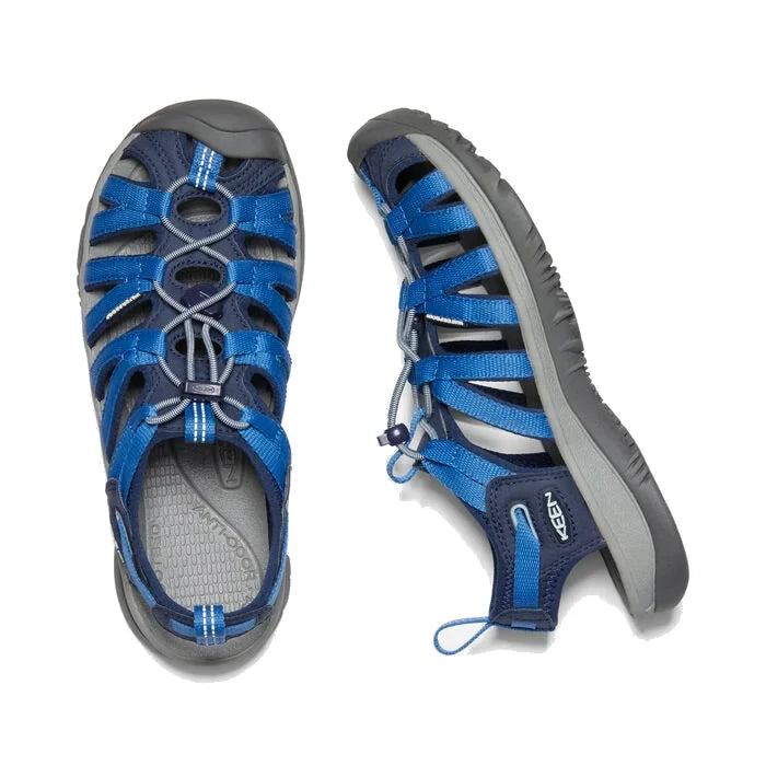 KEEN Women's Whisper - Blue Depths/Bright Cobalt Top down view of two sandals, one on its side