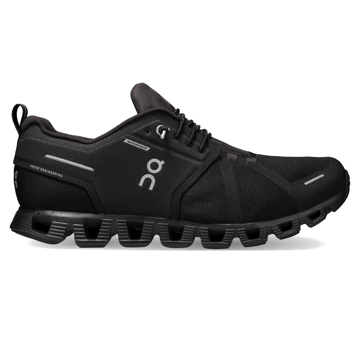 side view of on running's cloud 5 waterproof shoe in all black
