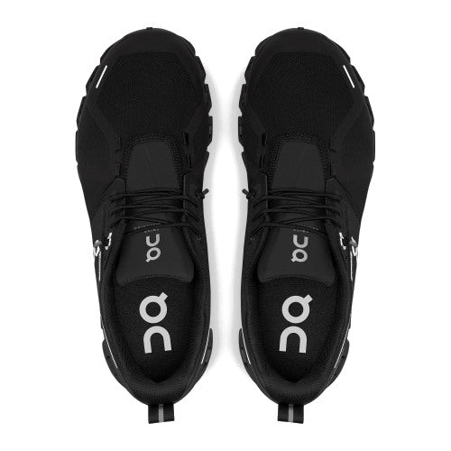 top down view of two of on running's cloud 5 waterproof shoe in all black