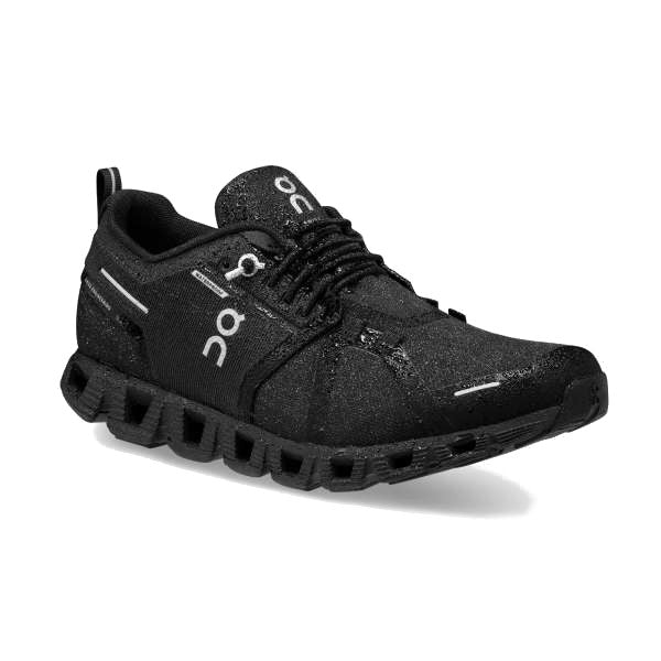 3/4 view of on running's cloud 5 waterproof shoe in all black